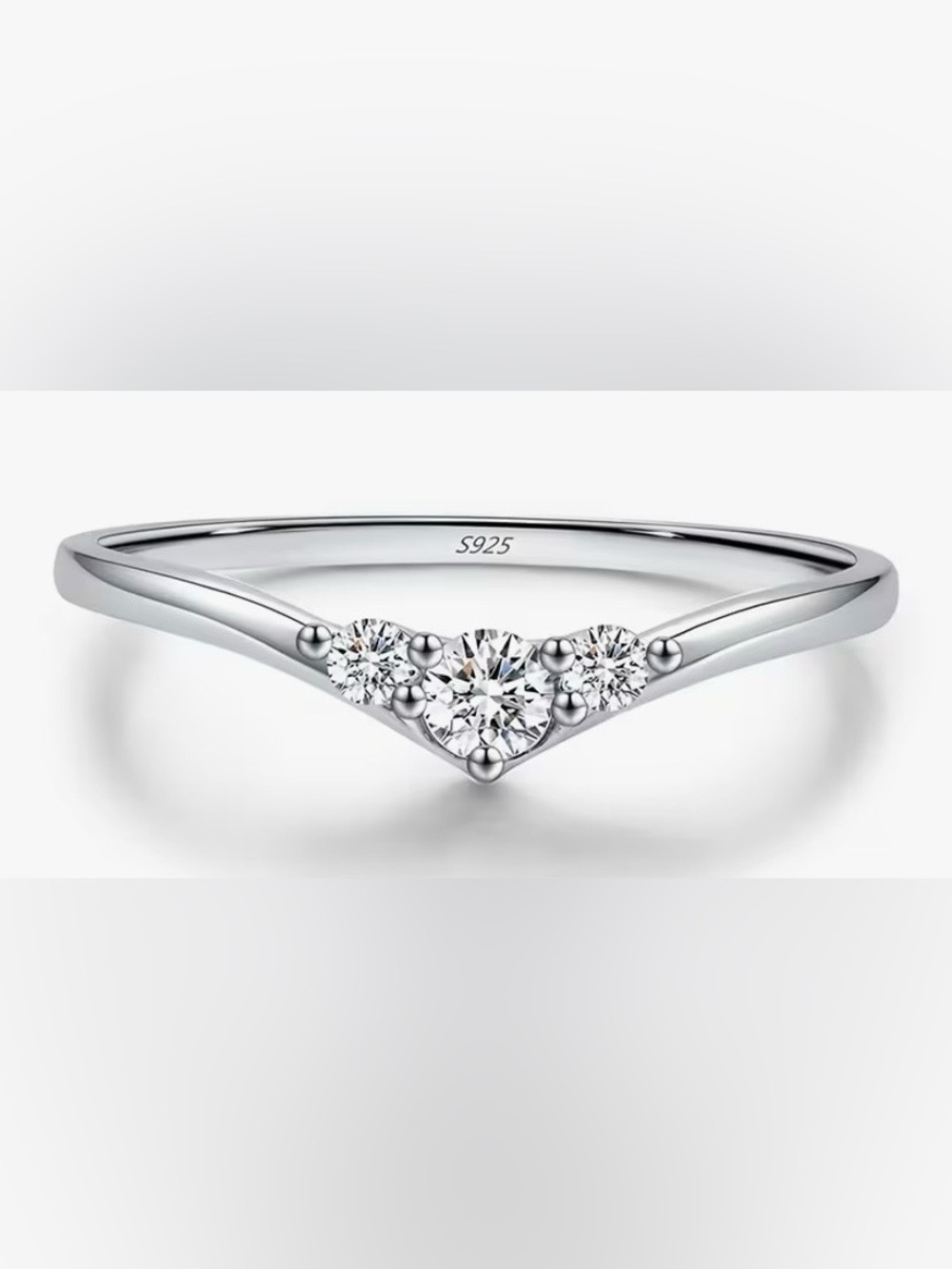 NEW Sterling Silver V-Shape Three-Stone Moissanite Ring